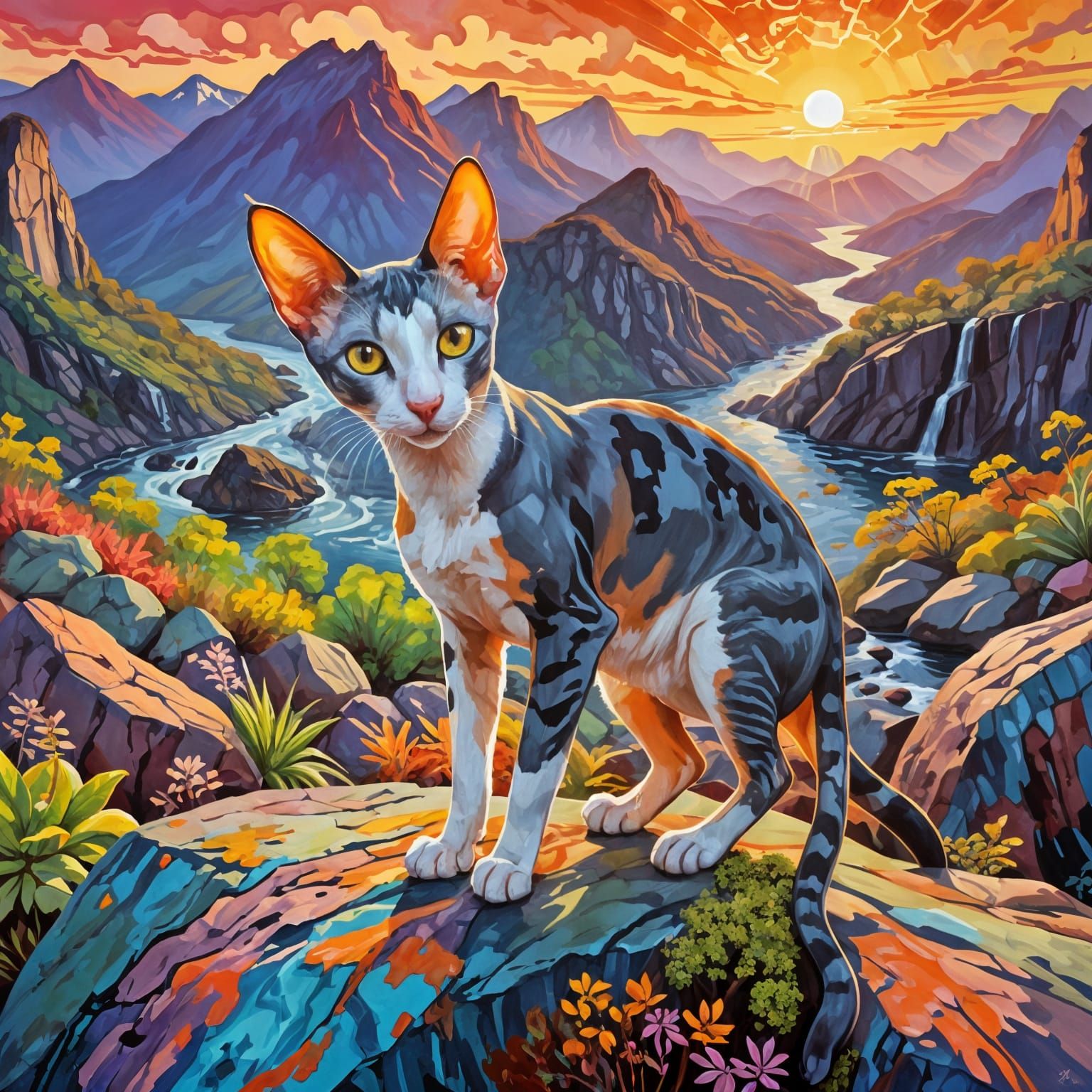 Oriental Shorthair Cat Overlooking Valley as Fauvism Oil Pai...