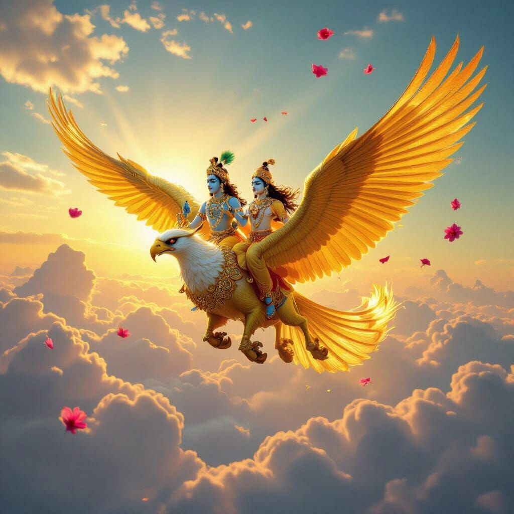 Krishna and Satyabhama Ride Majestic Garuda Through Glowing ...