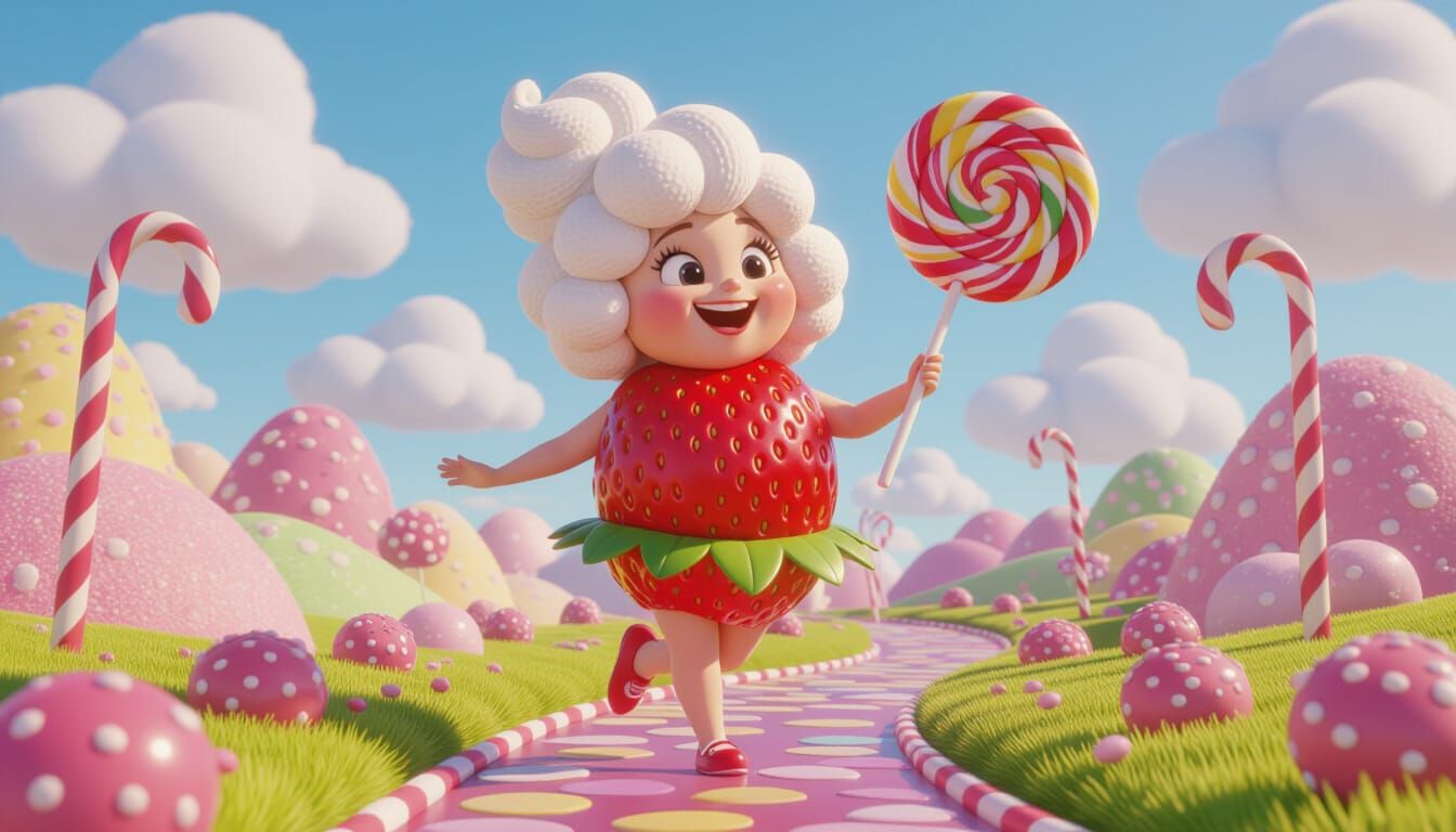 Strawberry Girl in Candyland, Pixar-Style 3D Render