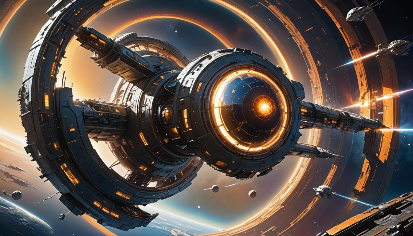 Galactic Space Station Concept Art in Neon Style