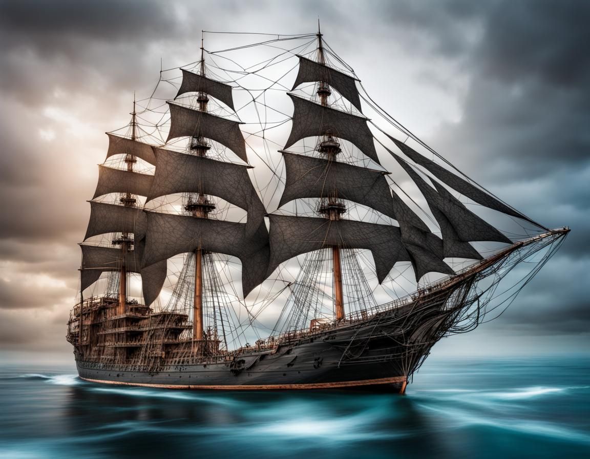 Black Ghost Ship with Spider Web Sails