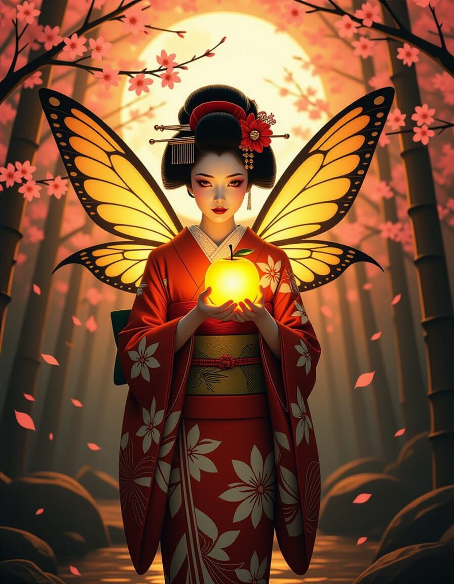 Geisha Fairy with Glowing Fruit in Sakura Forest