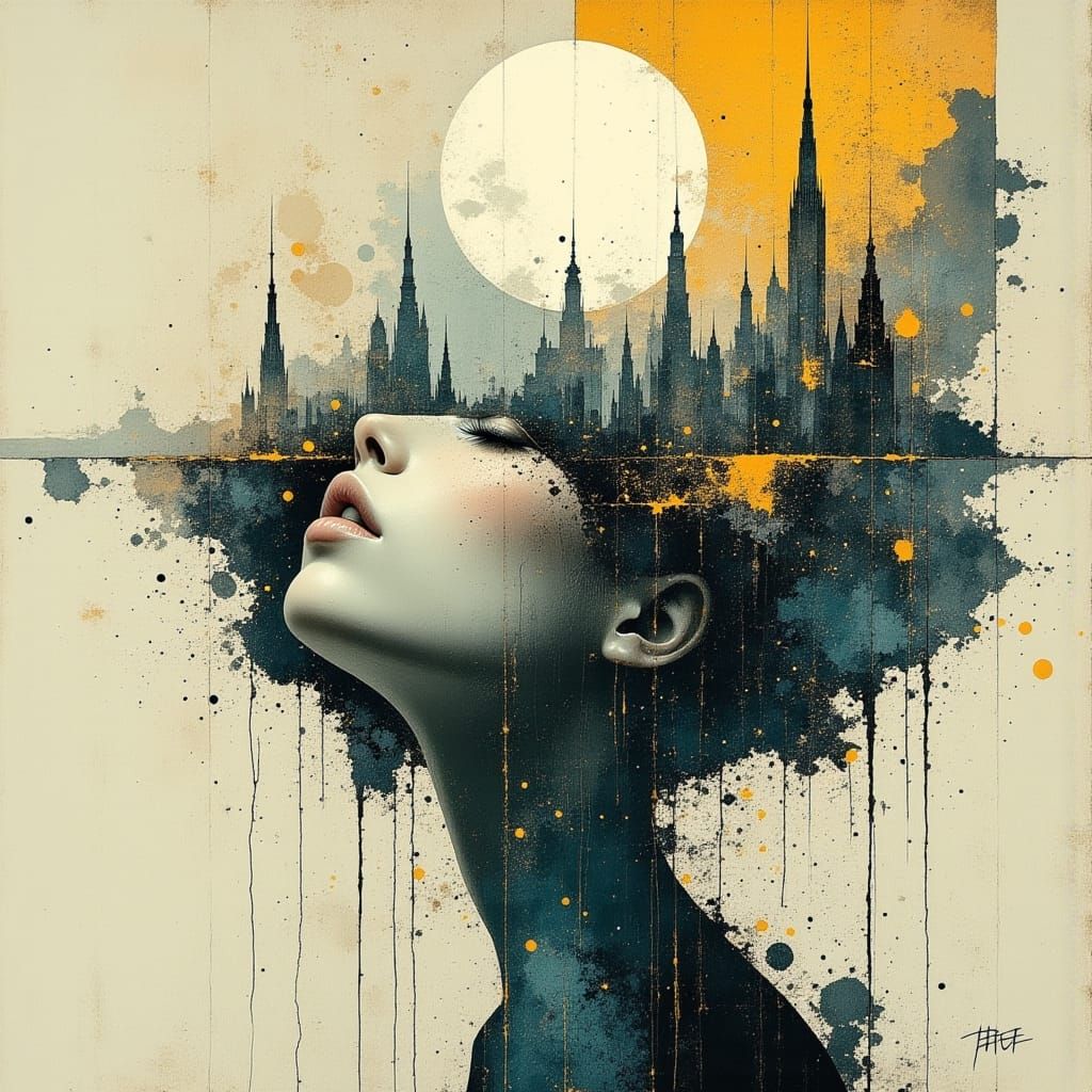 Woman's Face Merges with Cityscape Under Full Moon