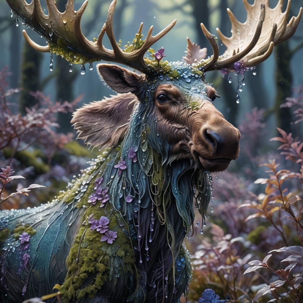 Moss Moose: Fantasycore Art with Dew Drops