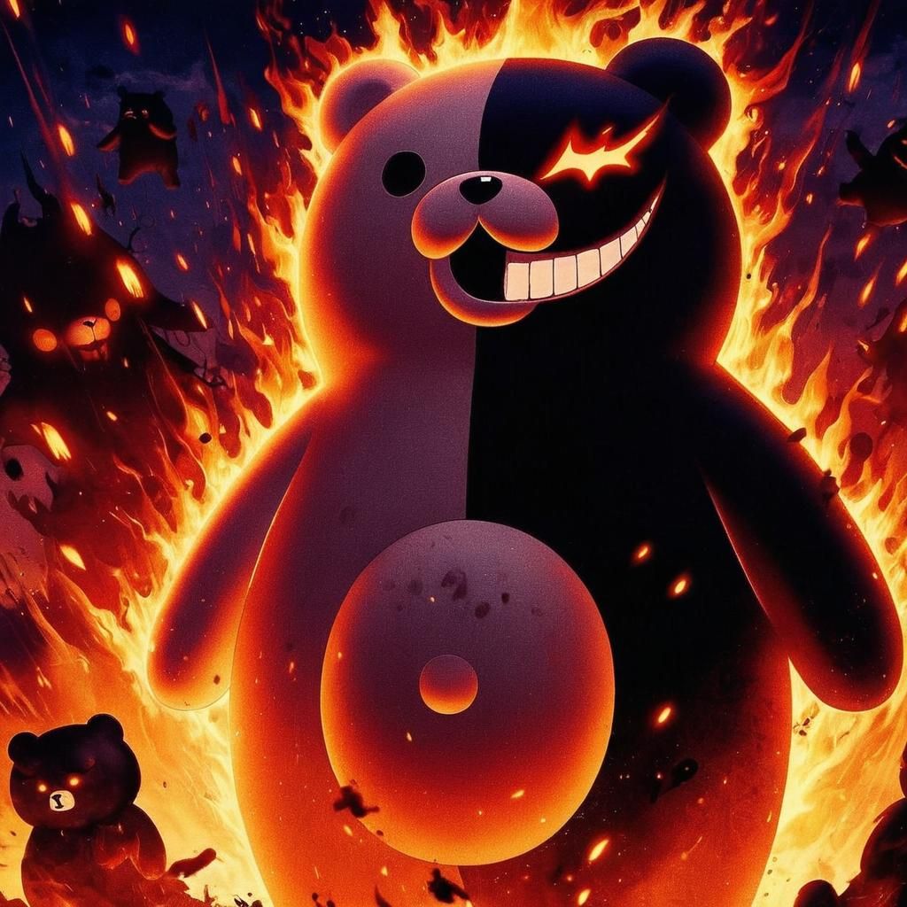 Monokuma Bear Rising from Fiery Darkness in Anime Style