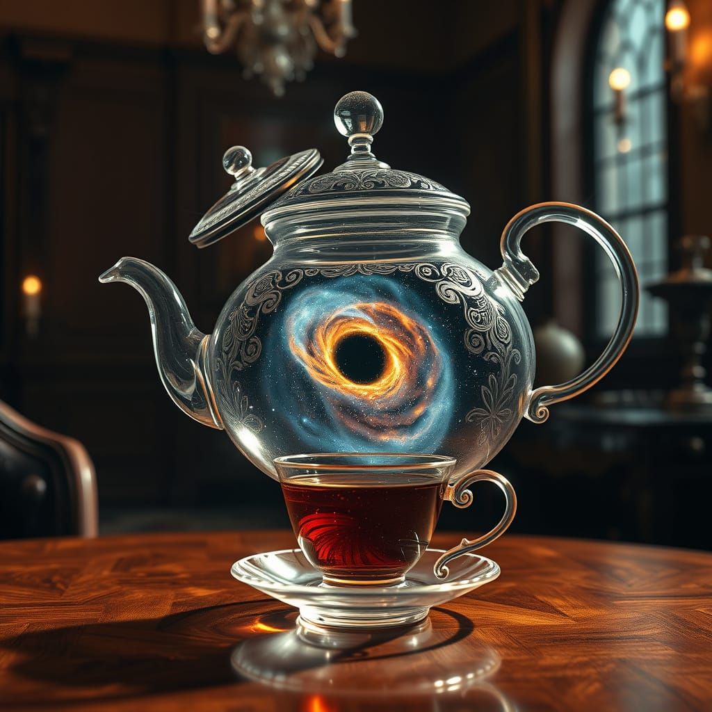 Cosmic Tea Pouring from a Victorian Glass Teapot