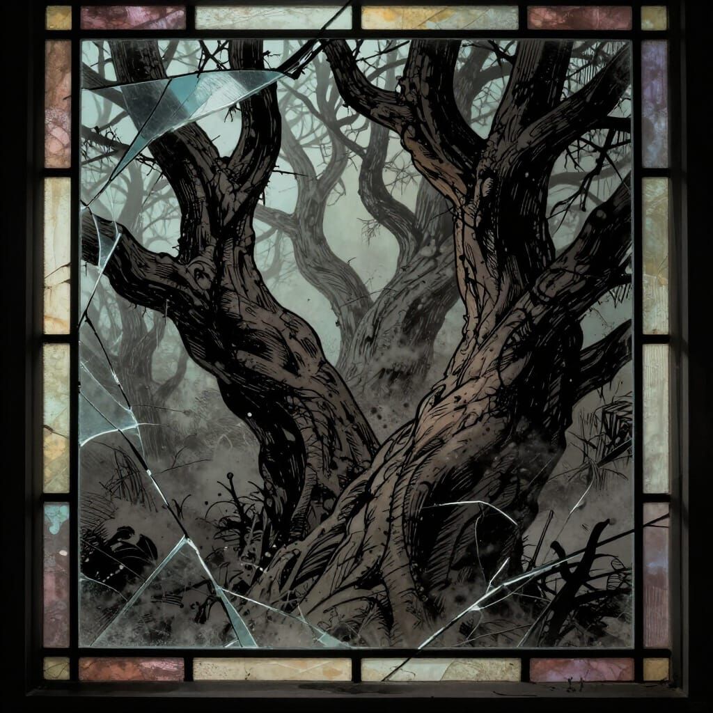 Gnarled Trees Through Fractured Stained Glass Window