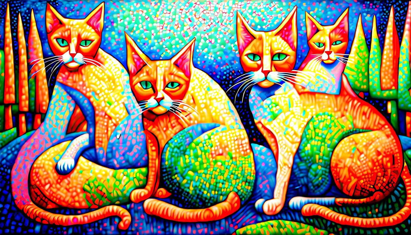 Cats in Paradise: Pointillist, Cubist, Futurist Fusion