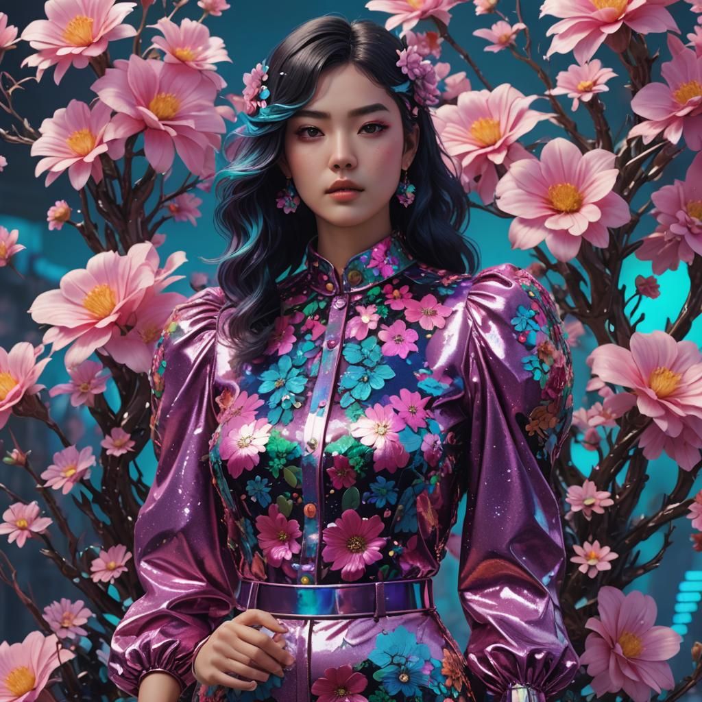 Sequin Floral Blouse in Vaporwave Style