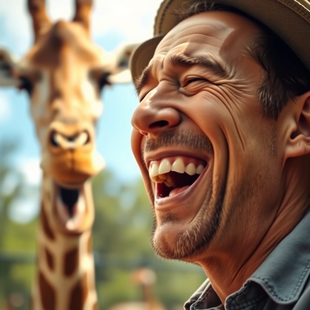 Joyful Moment of a Man Feeding a Giraffe at the Zoo