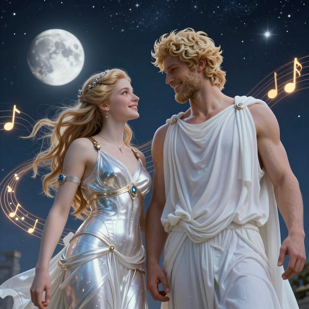 Futuristic Couple Under Stars With Musical Ambiance