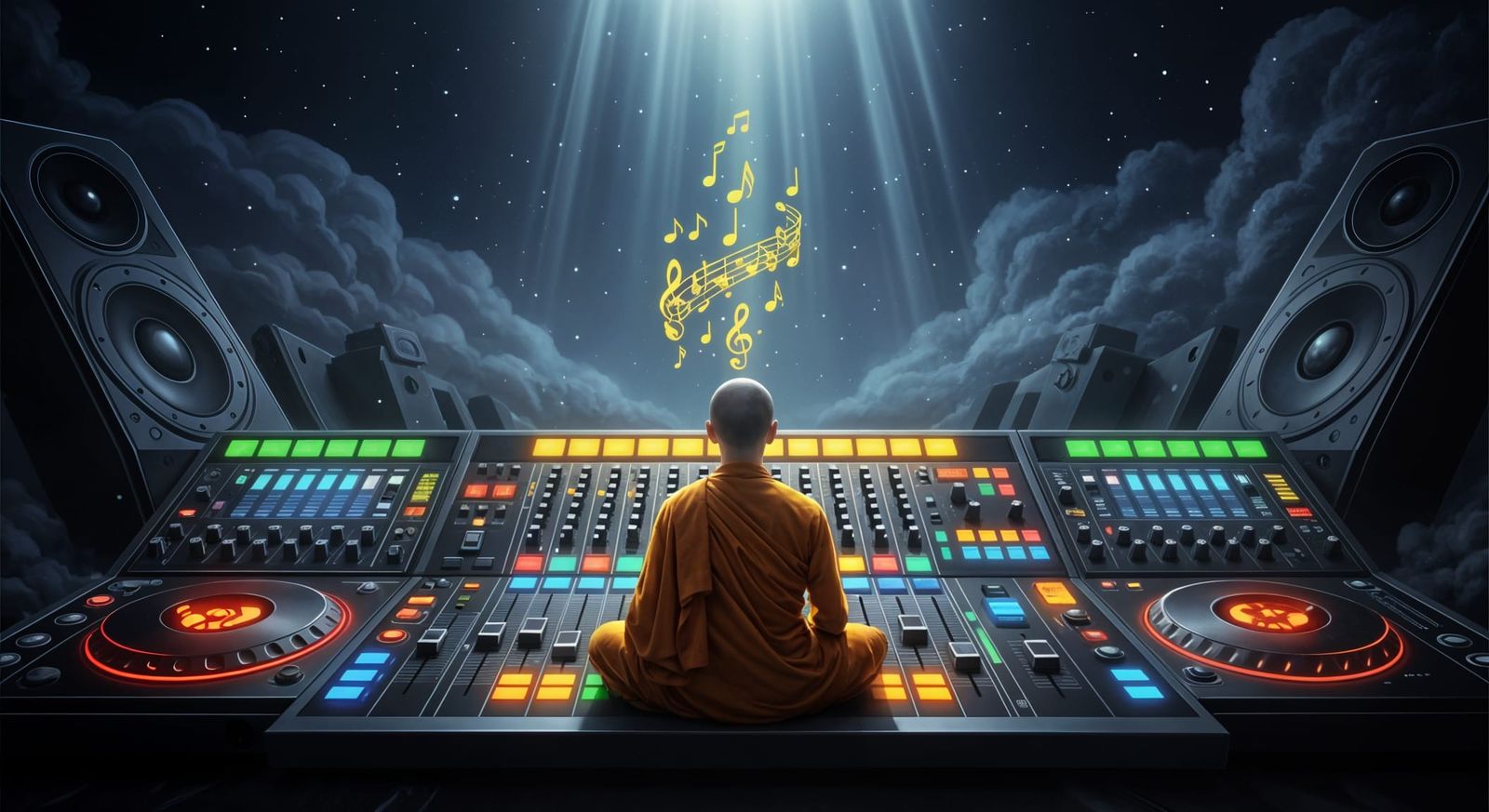 Buddhist Monk Meditates Before Music Mixer with Ethereal Not...