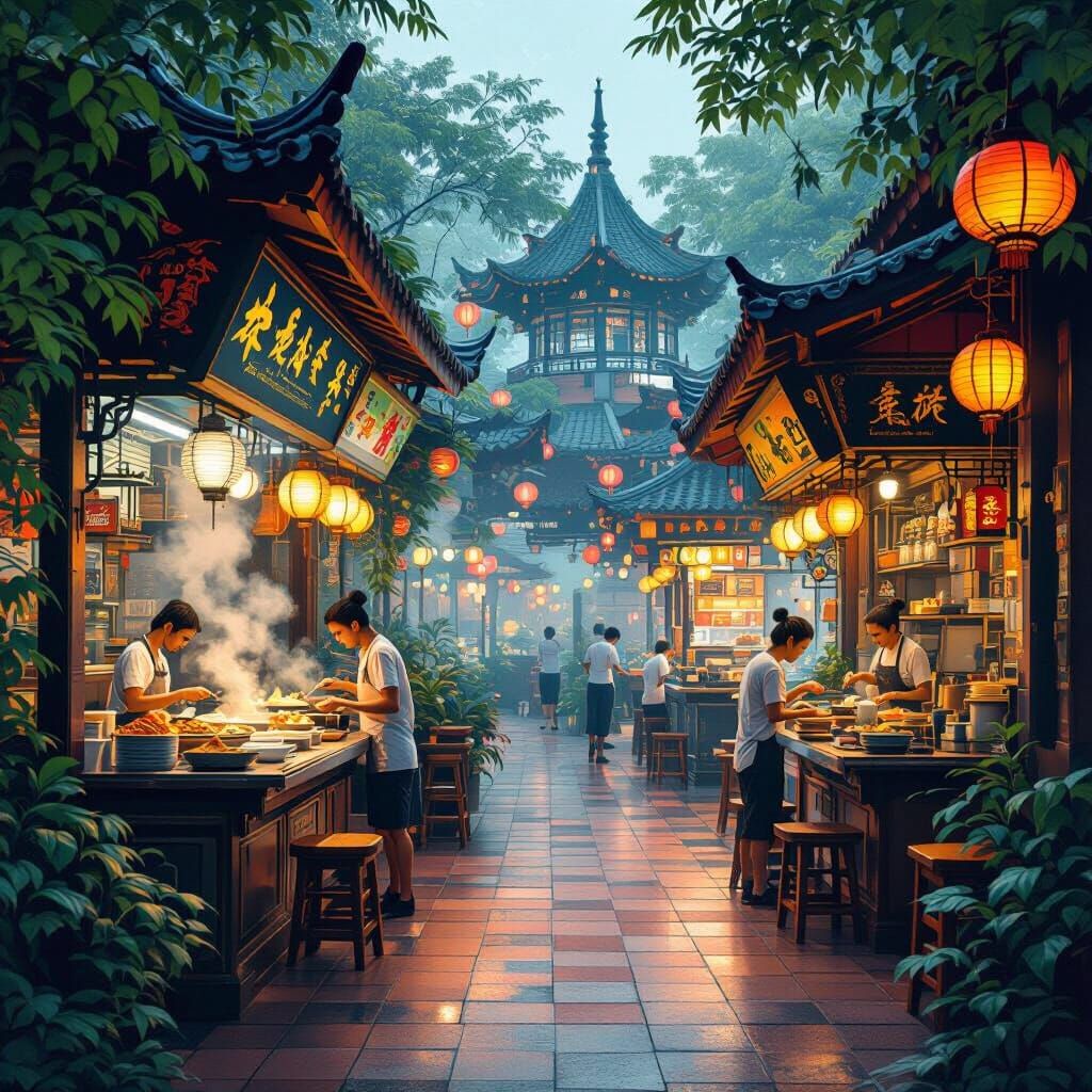 Singaporean Hawker Center: Vegetarian Dishes in Matte Painti...