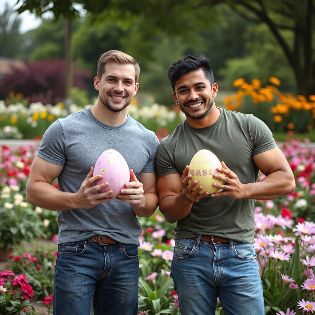 Two Men Celebrate Easter with Vibrant Easter Eggs in a Garde...