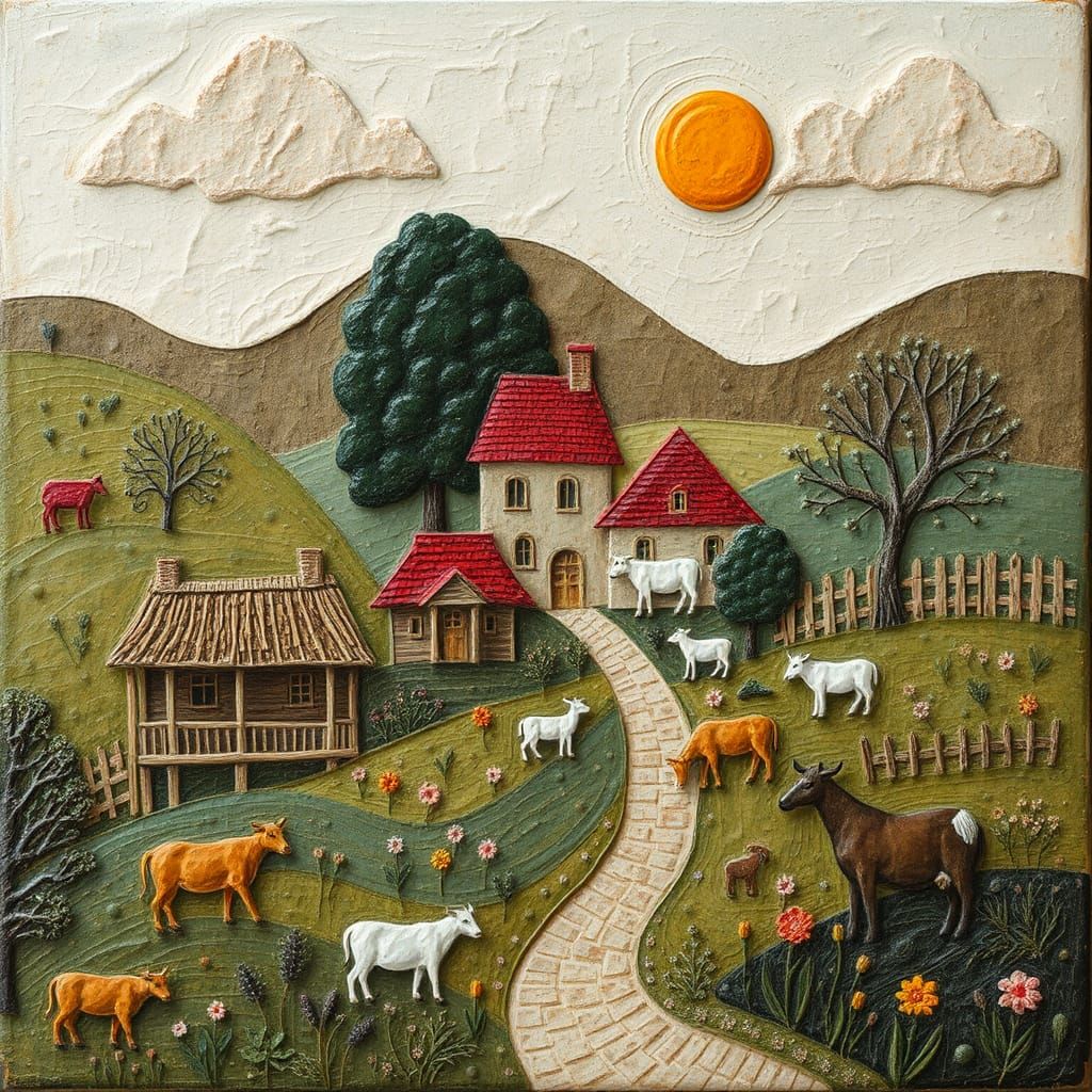 Naive Encaustic Village Scene with Animals