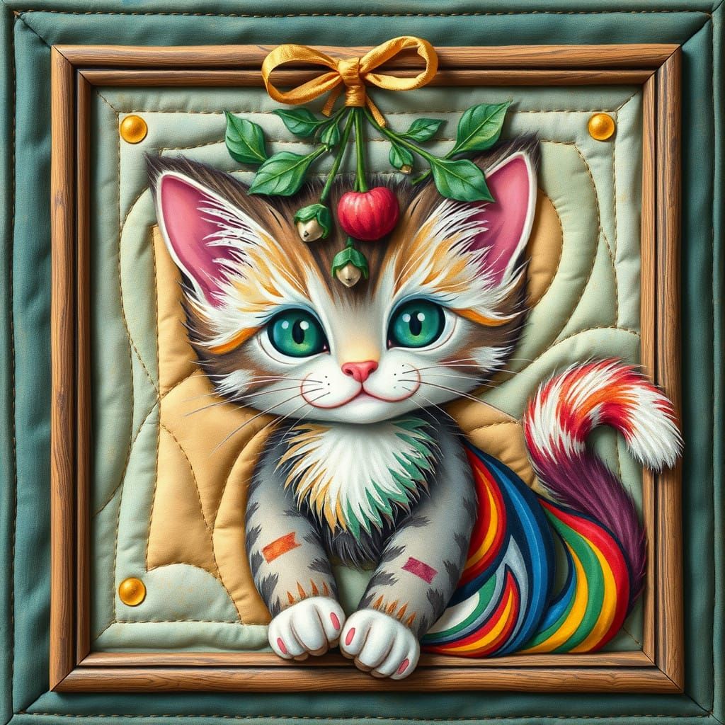 Rainbow Whimsy: Quilted Mistletoe with Gold Ribbon and Kitte...