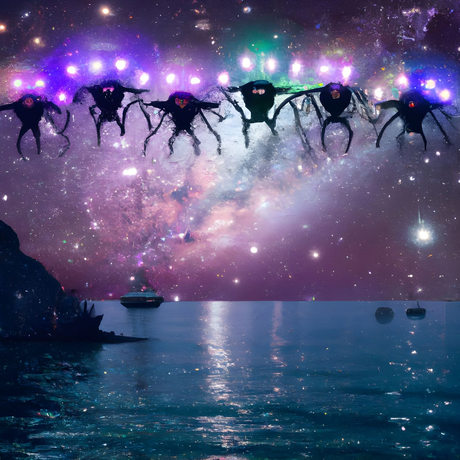 Lizard Aliens on Cliff Under Starry Night Sky