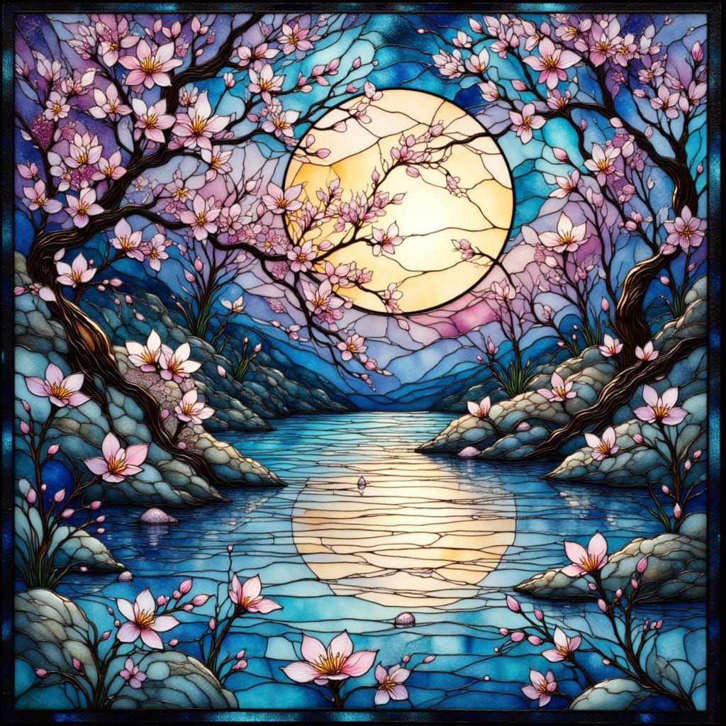 Stained Glass Blossoms on Obsidian Pond Under Moonlight