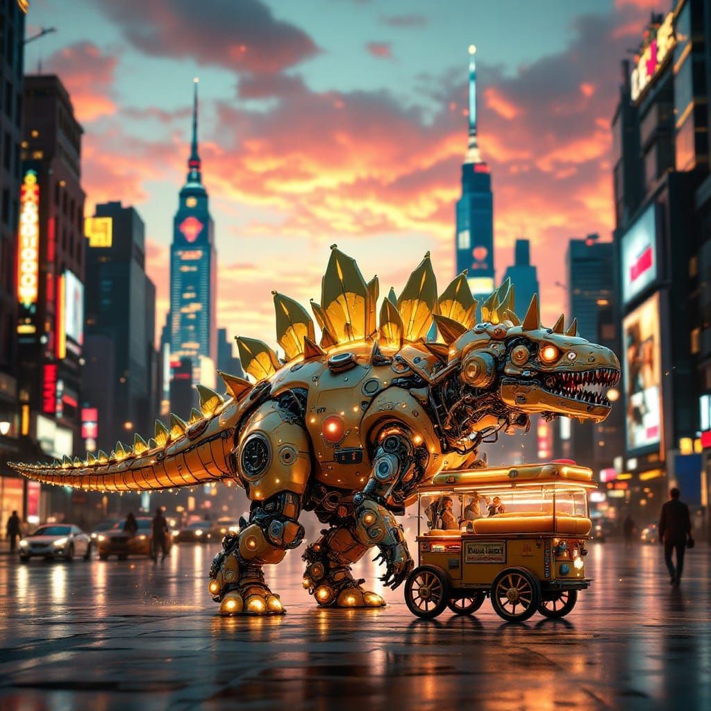 Cyborg Stegosaurus in Retro-Futuristic Metropolis