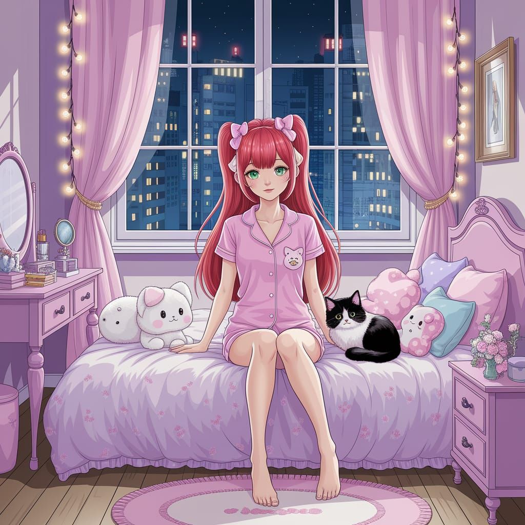 Japanese Woman in Sanrio Pajamas, Gouache Painting