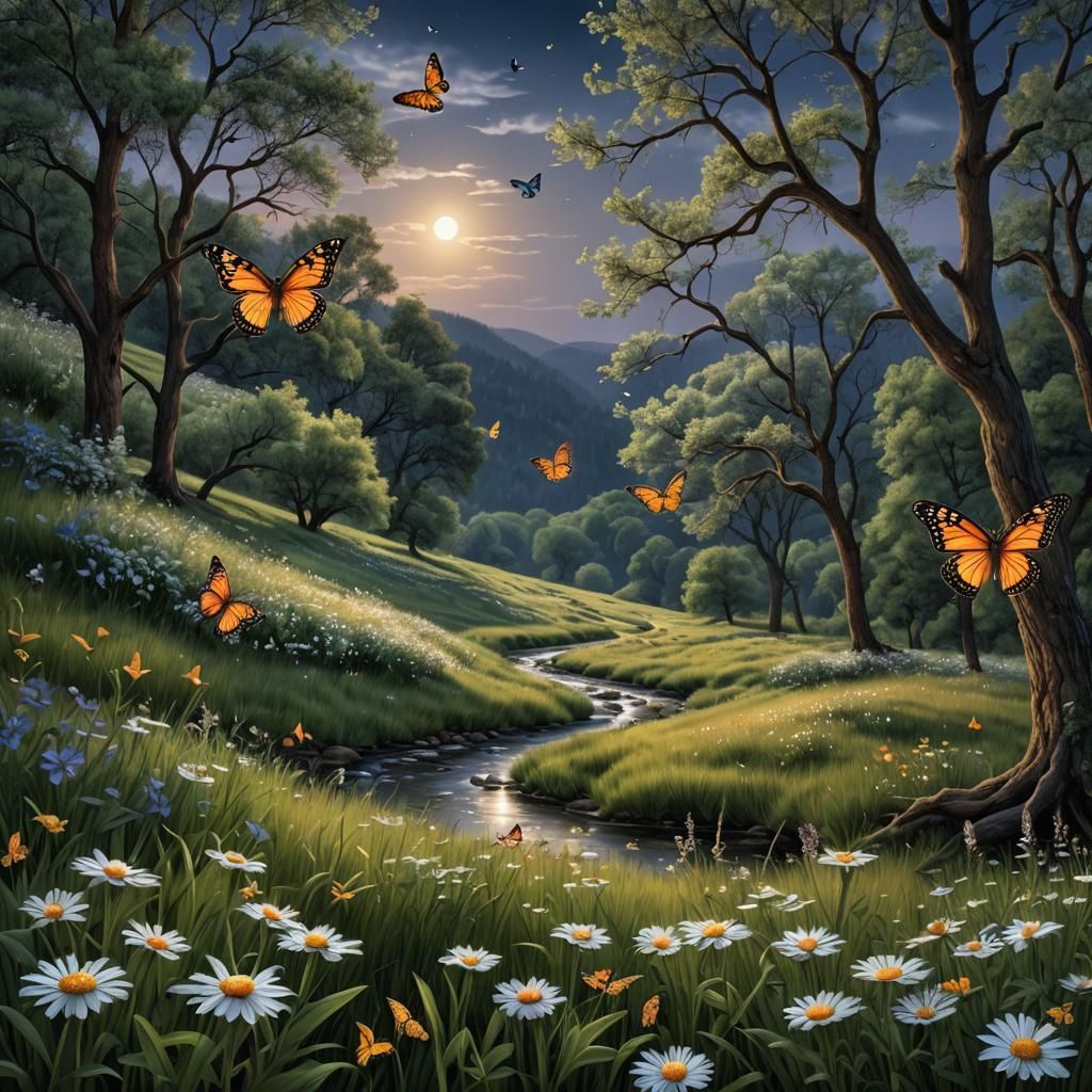 Silver Streams and Moonlit Meadow in Hyperrealistic Detail