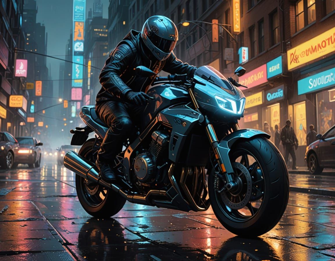Motorcycle Speeds Through Cyberpunk City in Digital Art