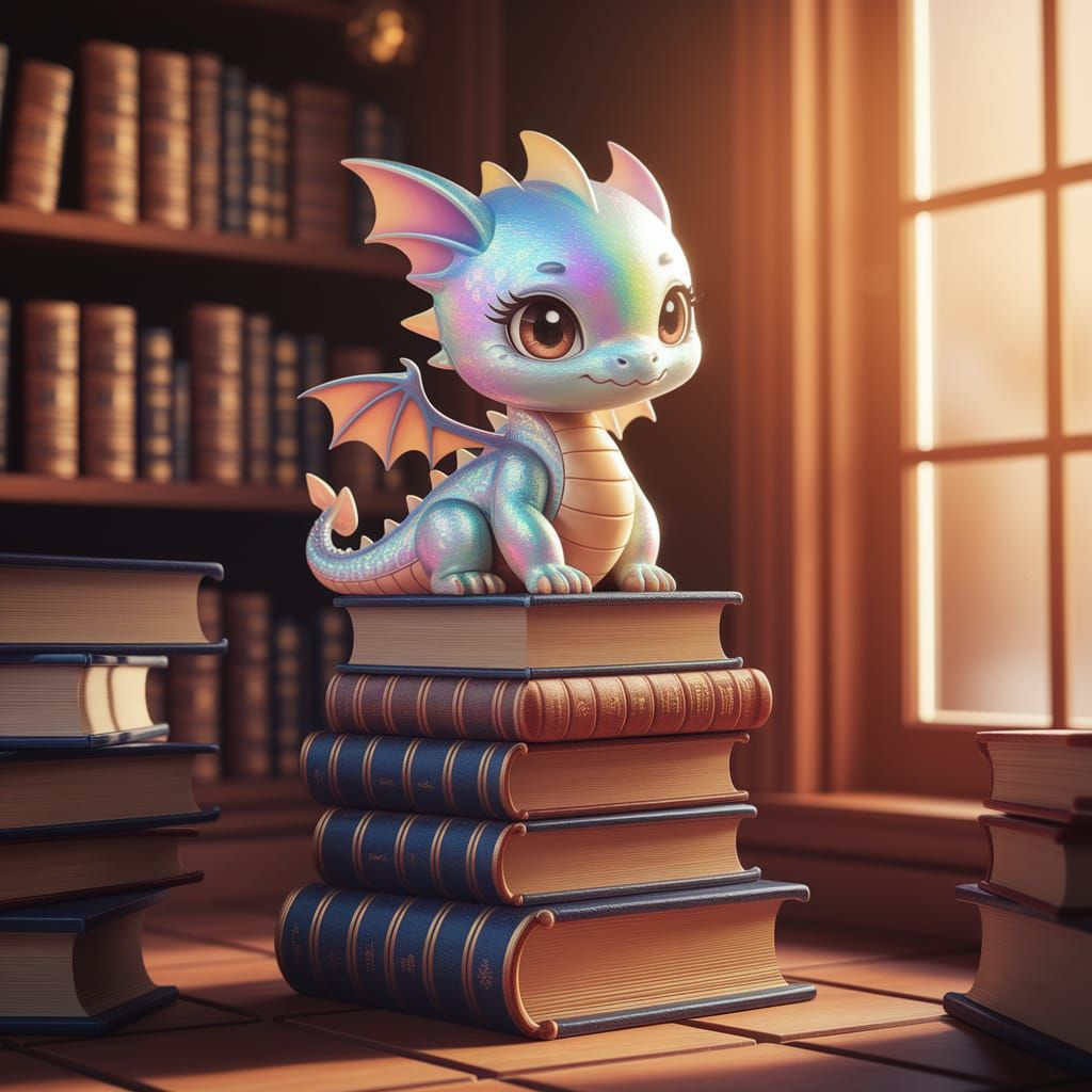 Iridescent Chibi Dragon on Ancient Books