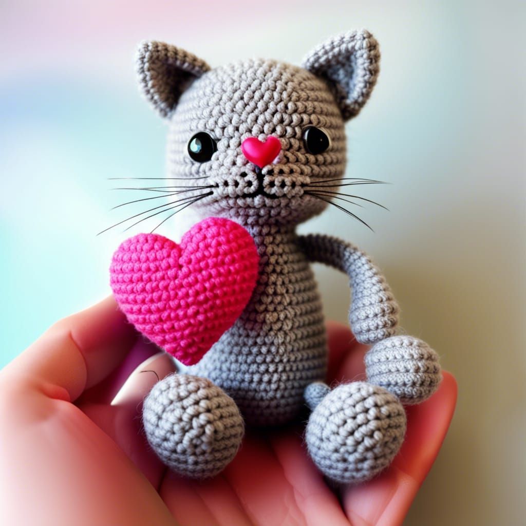 Adorable Crochet Cat Holding a Love Heart