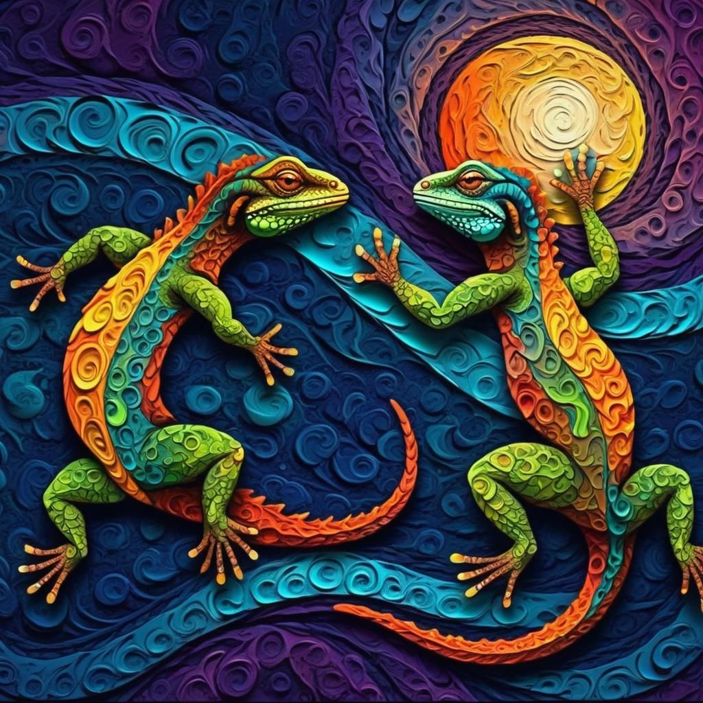 Lizards Dancing in Moonlight, Impasto Oil Painting