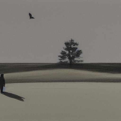 Lone Figure in Vast Landscape with Musical Note