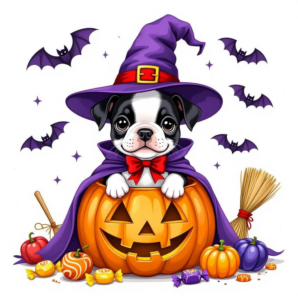 Boston Terrier Puppy in Witch Hat with Jack-o'-Lantern