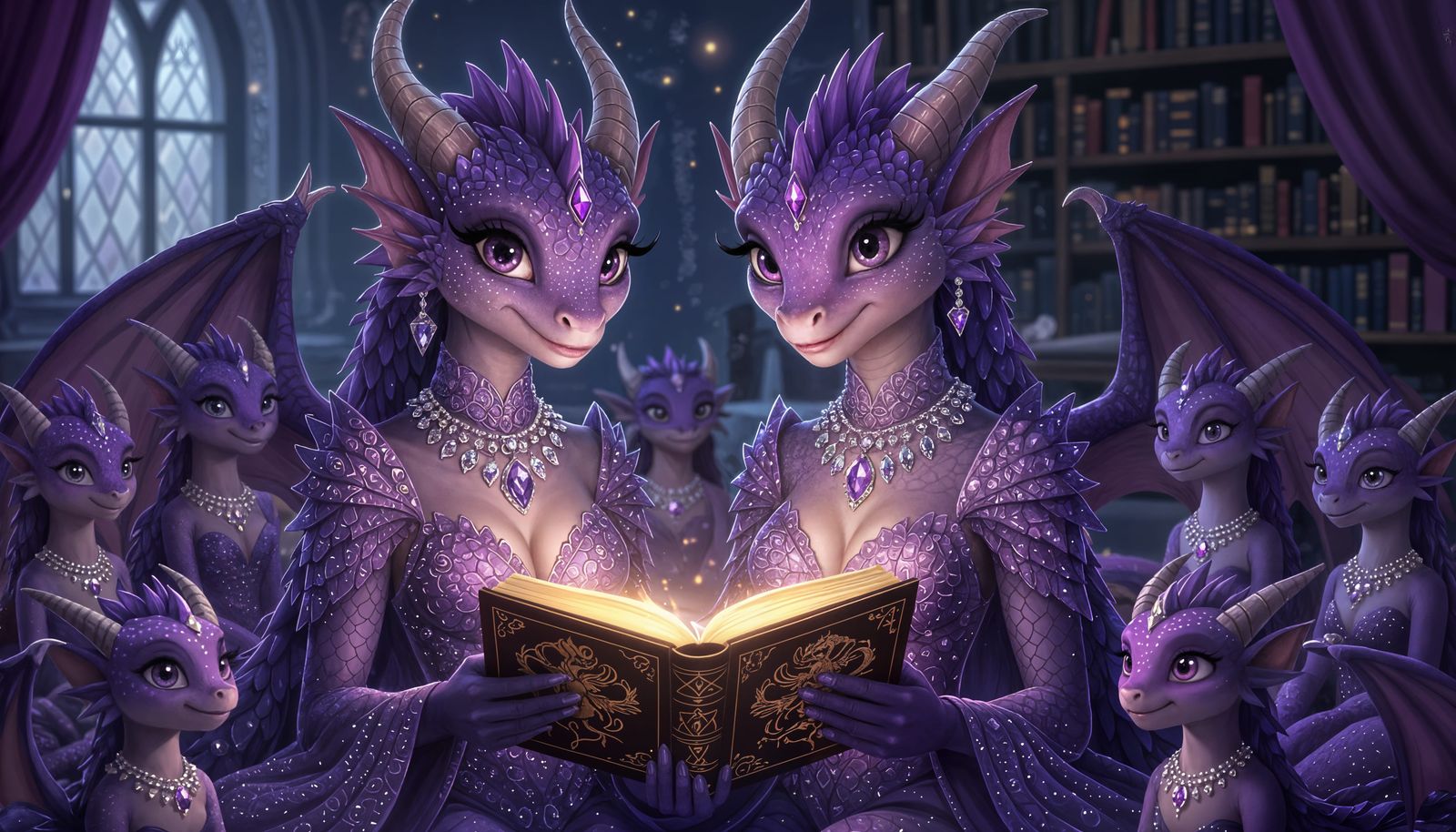 Elegant Dragons Reading a Glowing Book