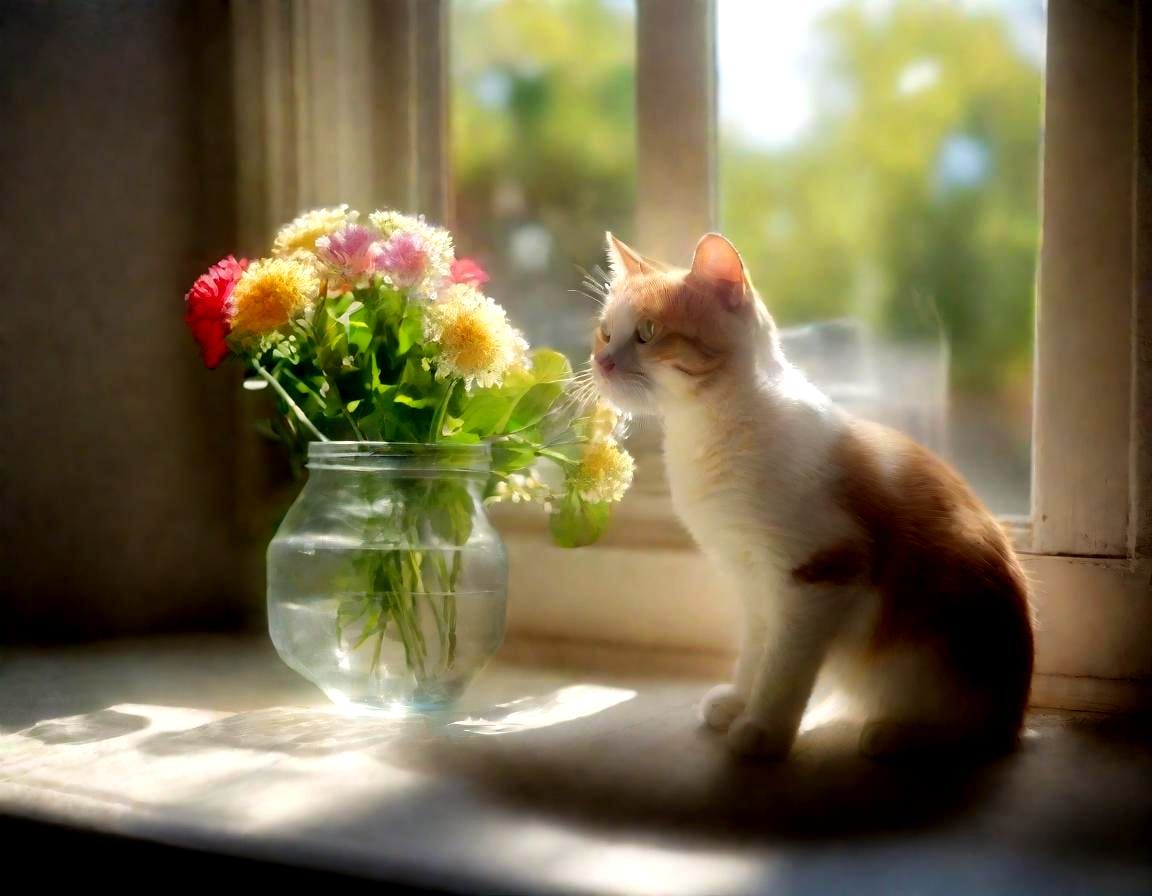 Cat Contemplates Flowers in Divine Sunlight