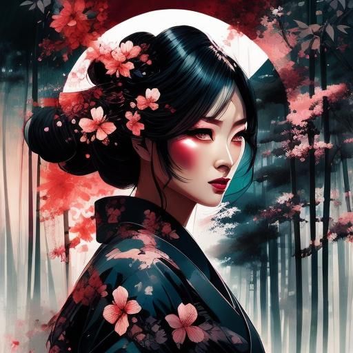 Kimono Girl in Blossom Rain, Double Exposure Portrait