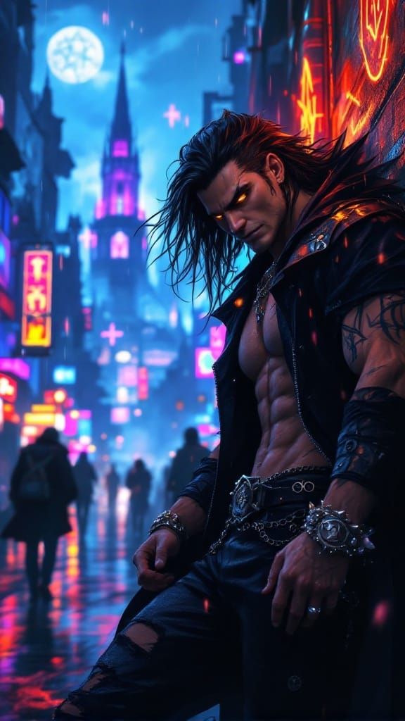 Anime Cyberpunk Warrior-Mage in Neon Cityscape