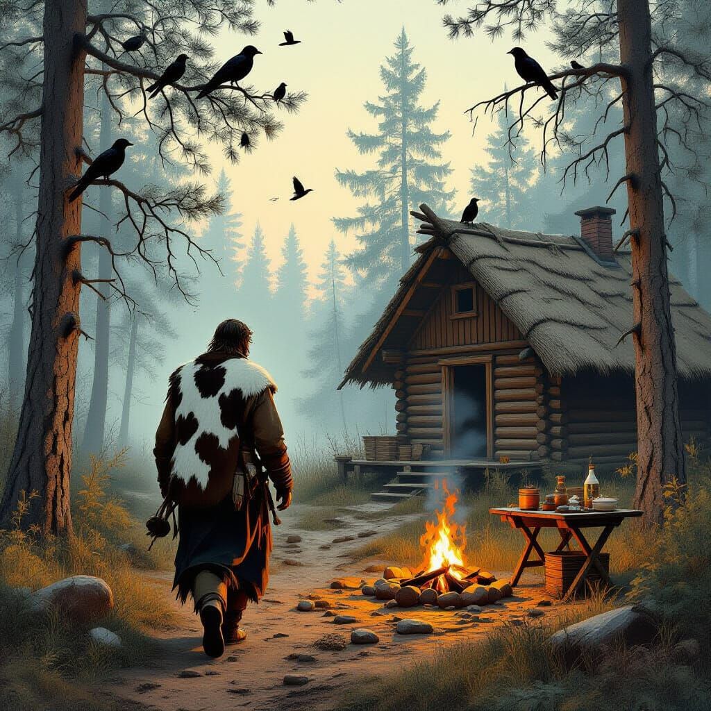 Man's Forest Walk to Rustic Hut, Earthy Landscape