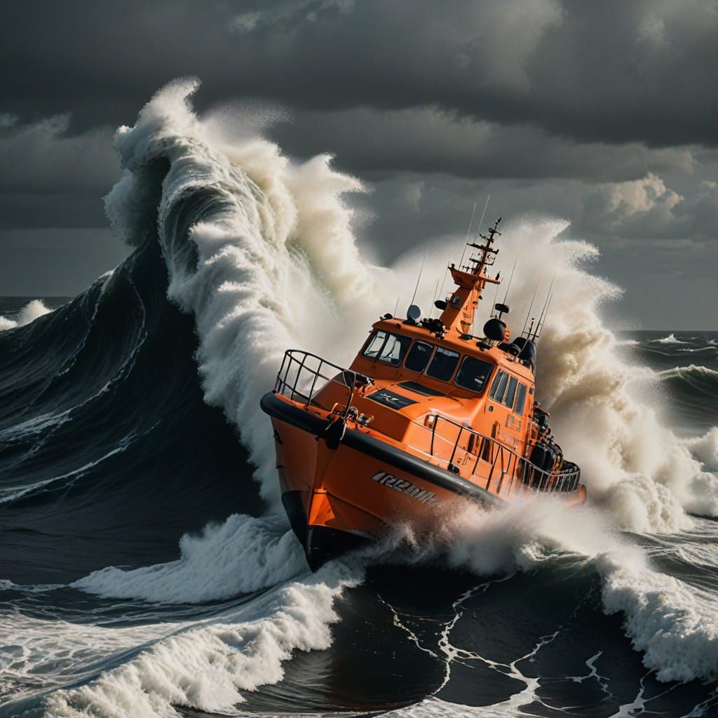 Atlantic 85 Lifeboat in Stormy Seas: Photorealistic Close-Up
