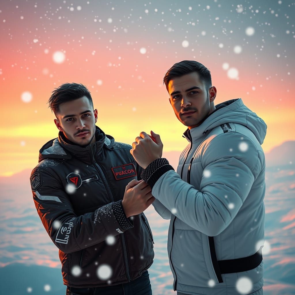 Young Men Holding Hands in Snowy Cyberpunk City