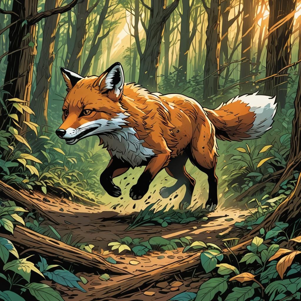 Fox Running Through Woods in Comic Book Style