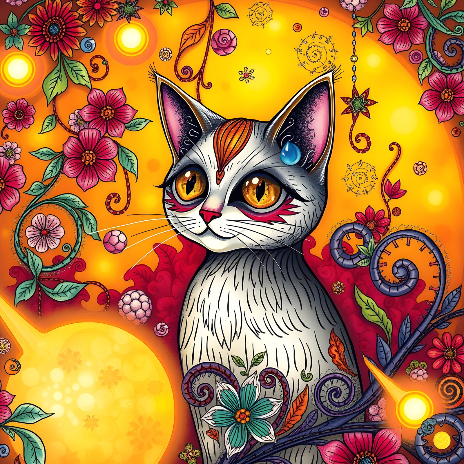 Retro Zentangle Cat Flower Optical Illusion