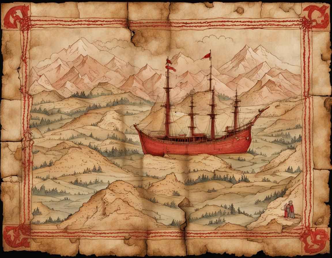 Detailed Treasure Map on Old Parchment in Watercolor