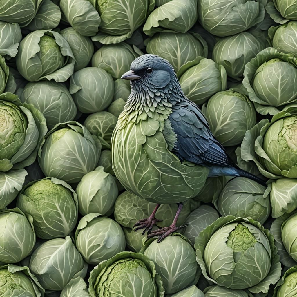 Bird Covered in Cabbage: Realistic 8k Image