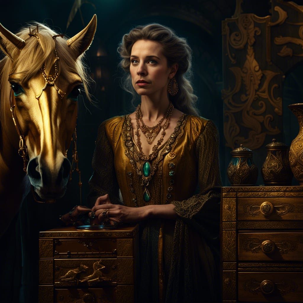 Morgan le Fay with Golden Horse: Fantasy Art