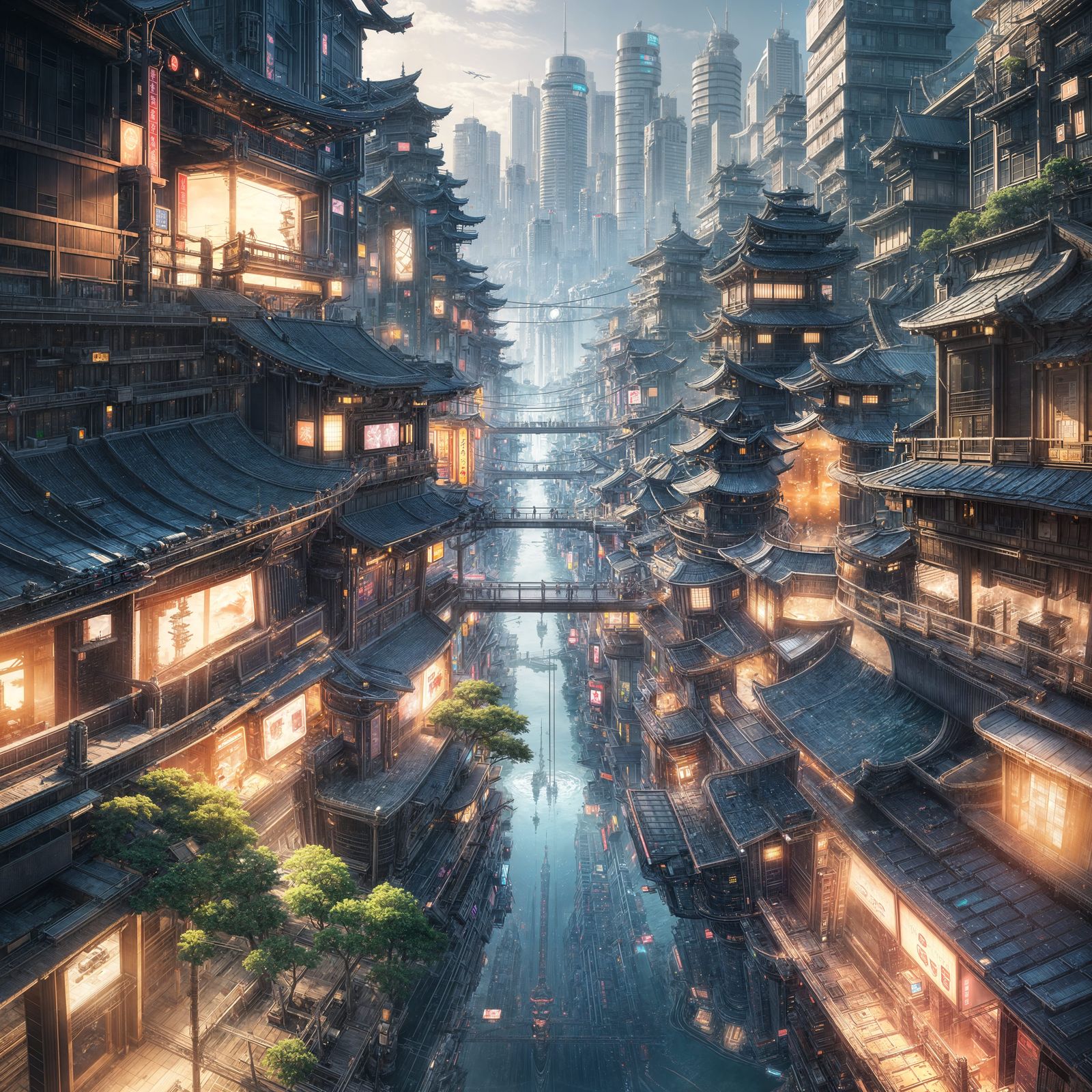 Futuristic Tokyo Cityscape with Luminous Waterways
