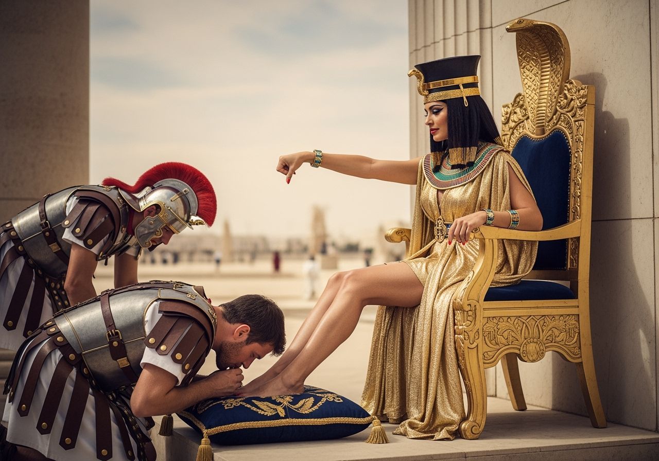 Regal Egyptian Queen on Throne with Kneeling Legionnaires