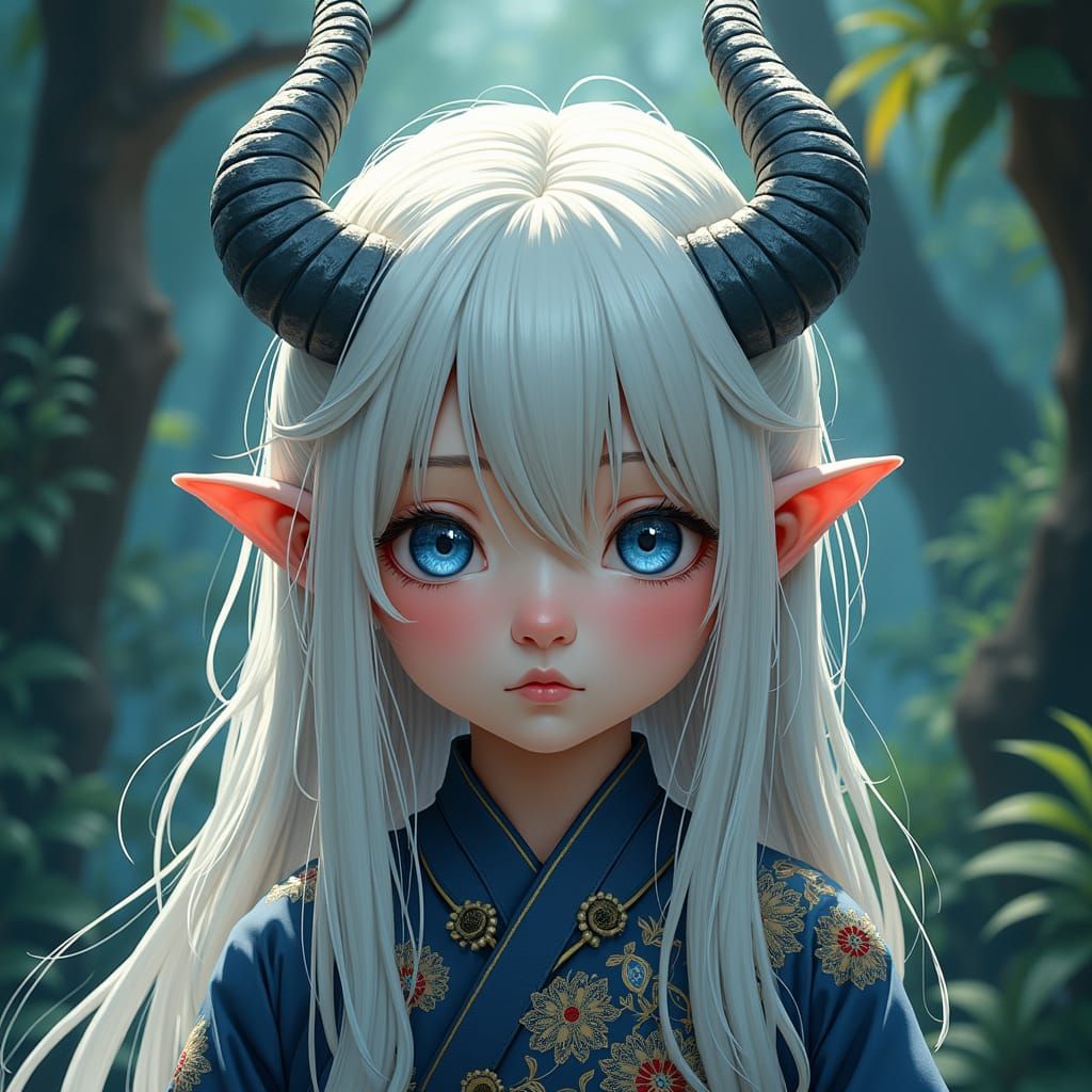 Fantasy Girl with Dragon Horns in Jungle