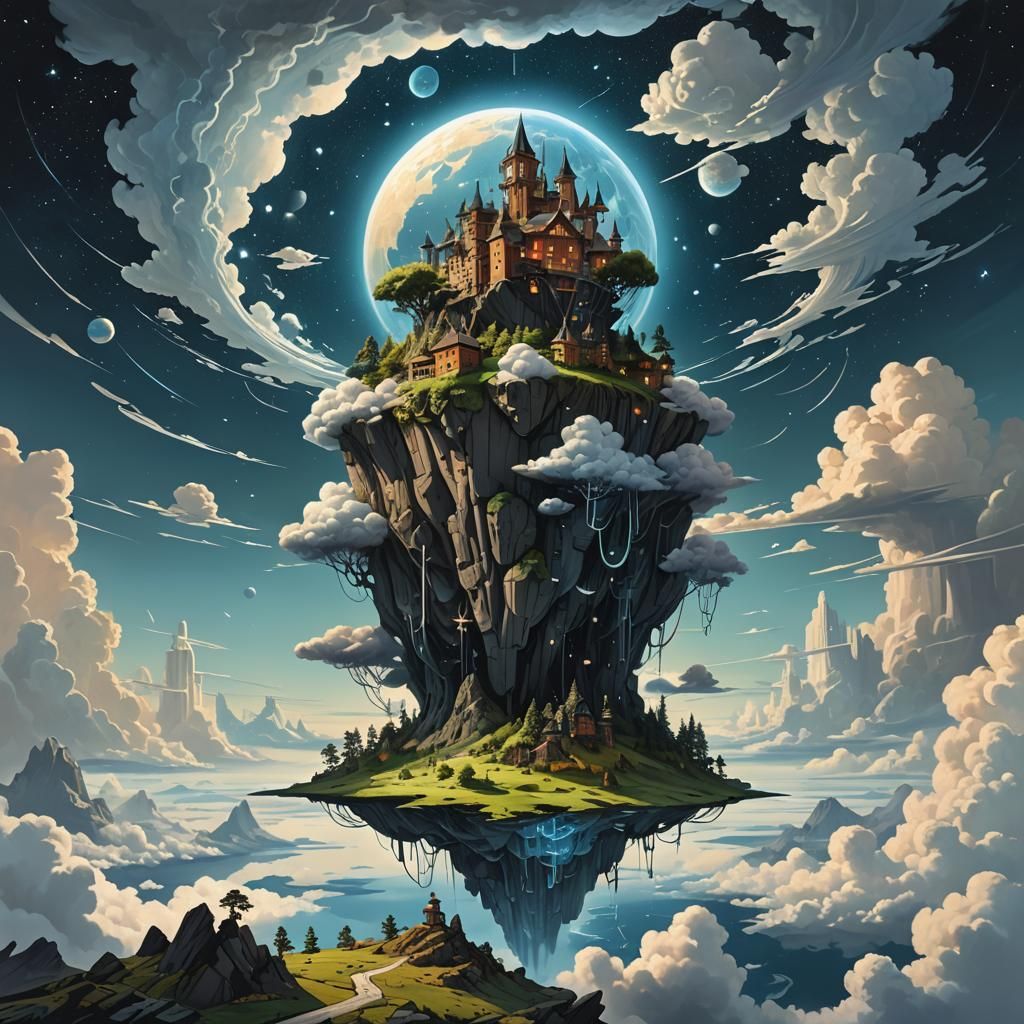 Mystical Floating Island in Starry Void