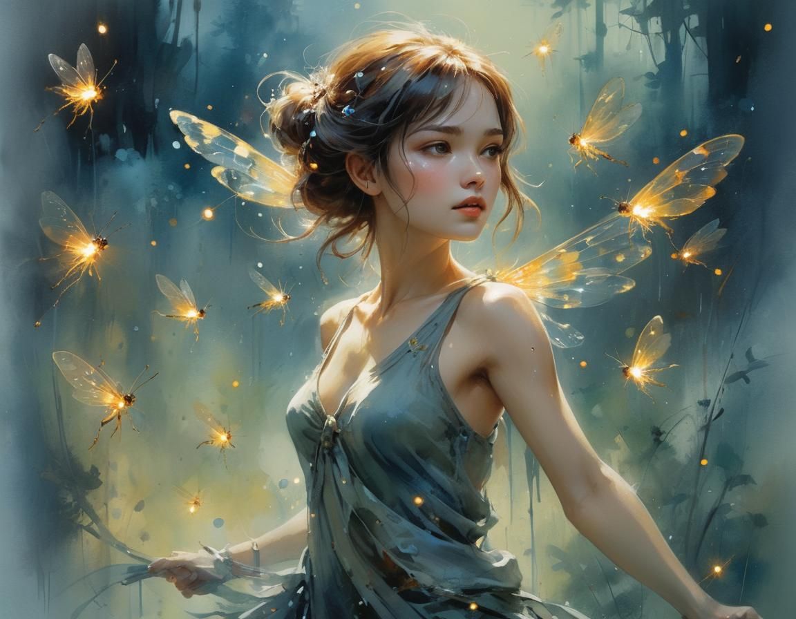 Airy Girl and Fireflies Watercolor Painting