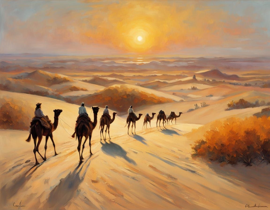 Impressionist Desert Caravan at Sunset