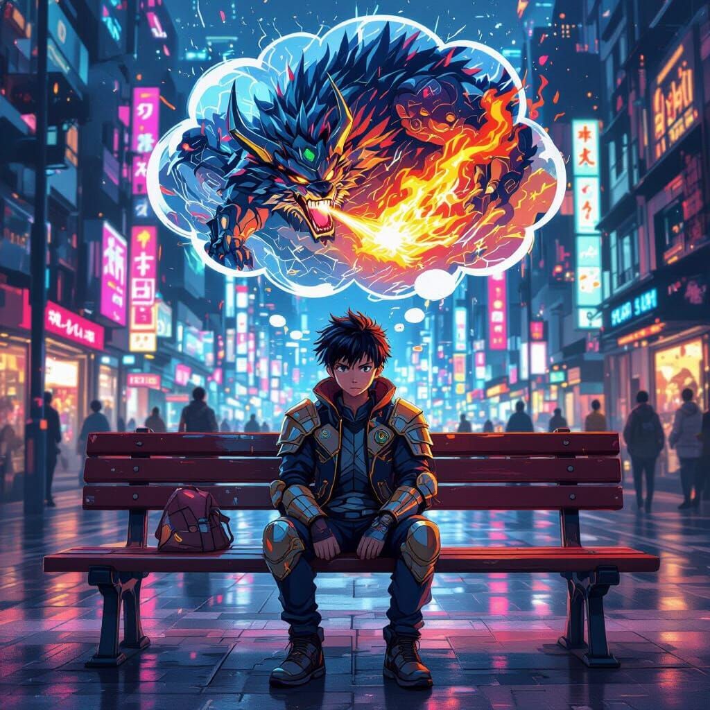 Cyberpunk City Boy with Fantasy Thought Bubble